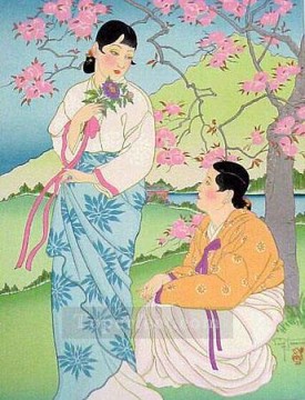 Asian Painting - dans les jardins reserves du palais seoul coree 1947 Paul Jacoulet Asian